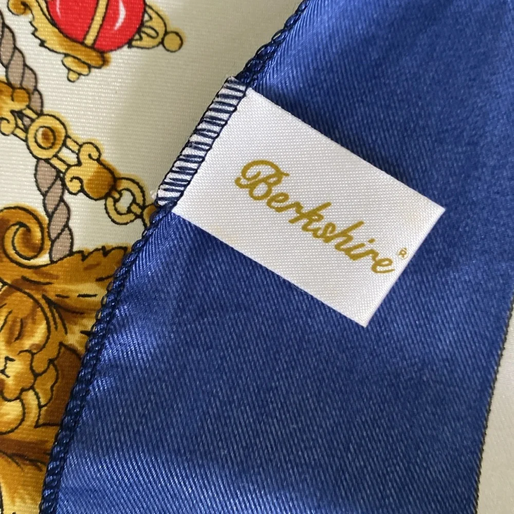 Berkshire Vintage Square Scarf. Navy / Gold Chain Links, Cameos, Tassels. Korea.